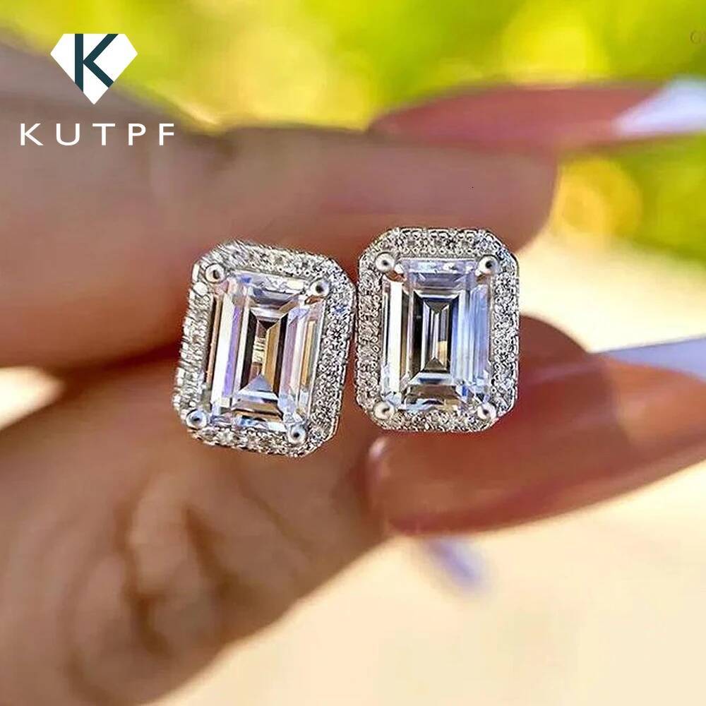 0512ct Emerald Cut Halo Moissanite Diamond Stud Earrings 925 Sterling Silver Plated 18k Gold Earring Fine Jewelry for Women
