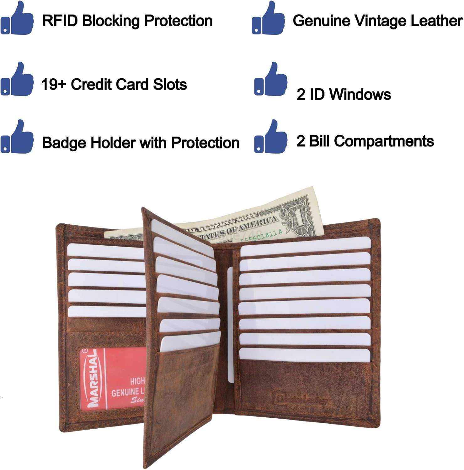 Bifold Leather RFID Blocking Wallet For Men Women Genuine Leather Holder With 20 Slots 2 Bill Compartments ID Window Hipster wallet Money Drivers Lice