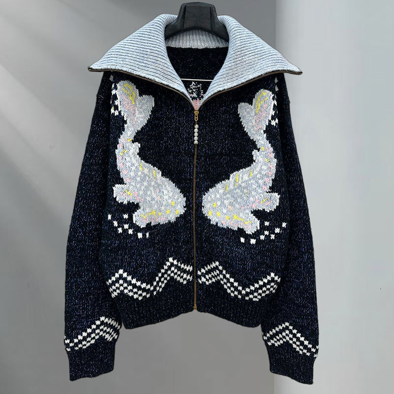 Versatile Chic Fall New Ladies Black Jacquard Zip Up Jacket Classic Trendy Lapel Knit Coat With Detailed Embroidery Casual Elegant Clothing S0903