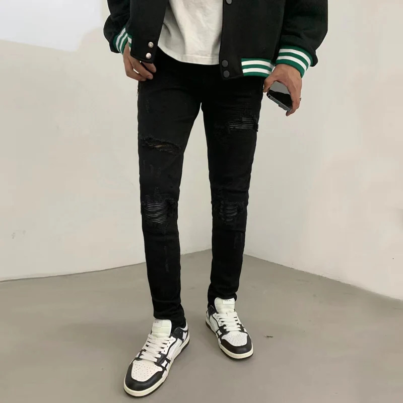 Fashion ner Men Jeans High Quality Black Stretch Skinny Fit Leather Patched Ripped Y2K Hip Hop Denim Pants 250902