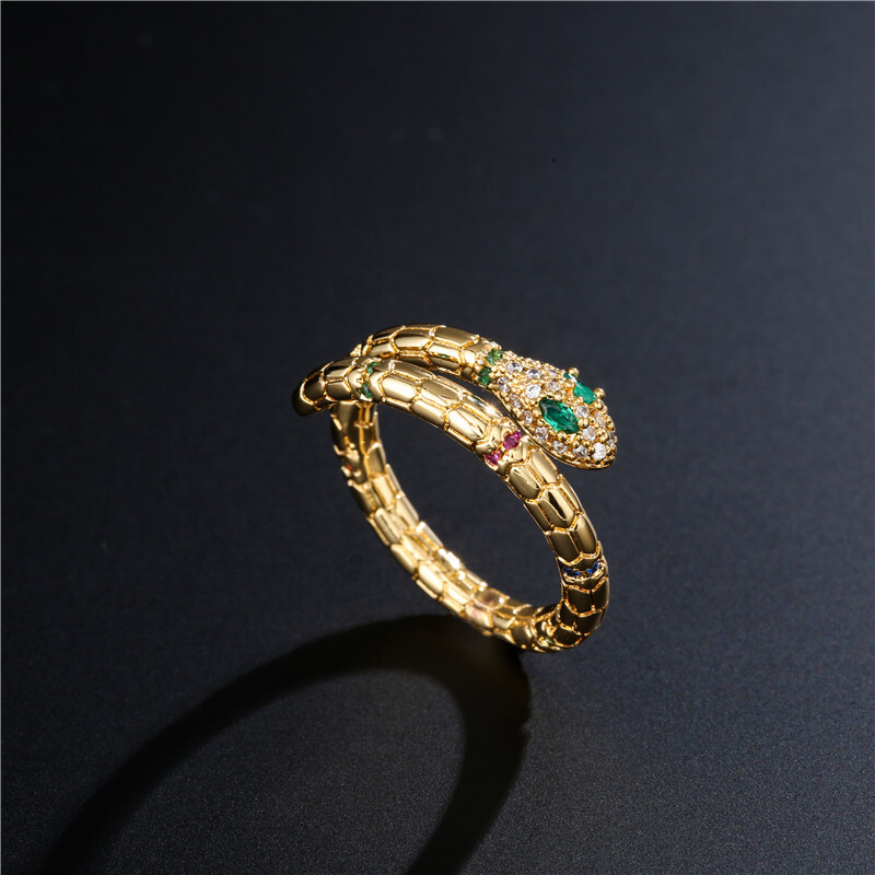 Luxury Brand Designer Jewelry European And Aerican Creative Personality Snake-Shaped Ring For Woen, Real Gold Electroplated Micro-Inlaid Zircon Snake-
