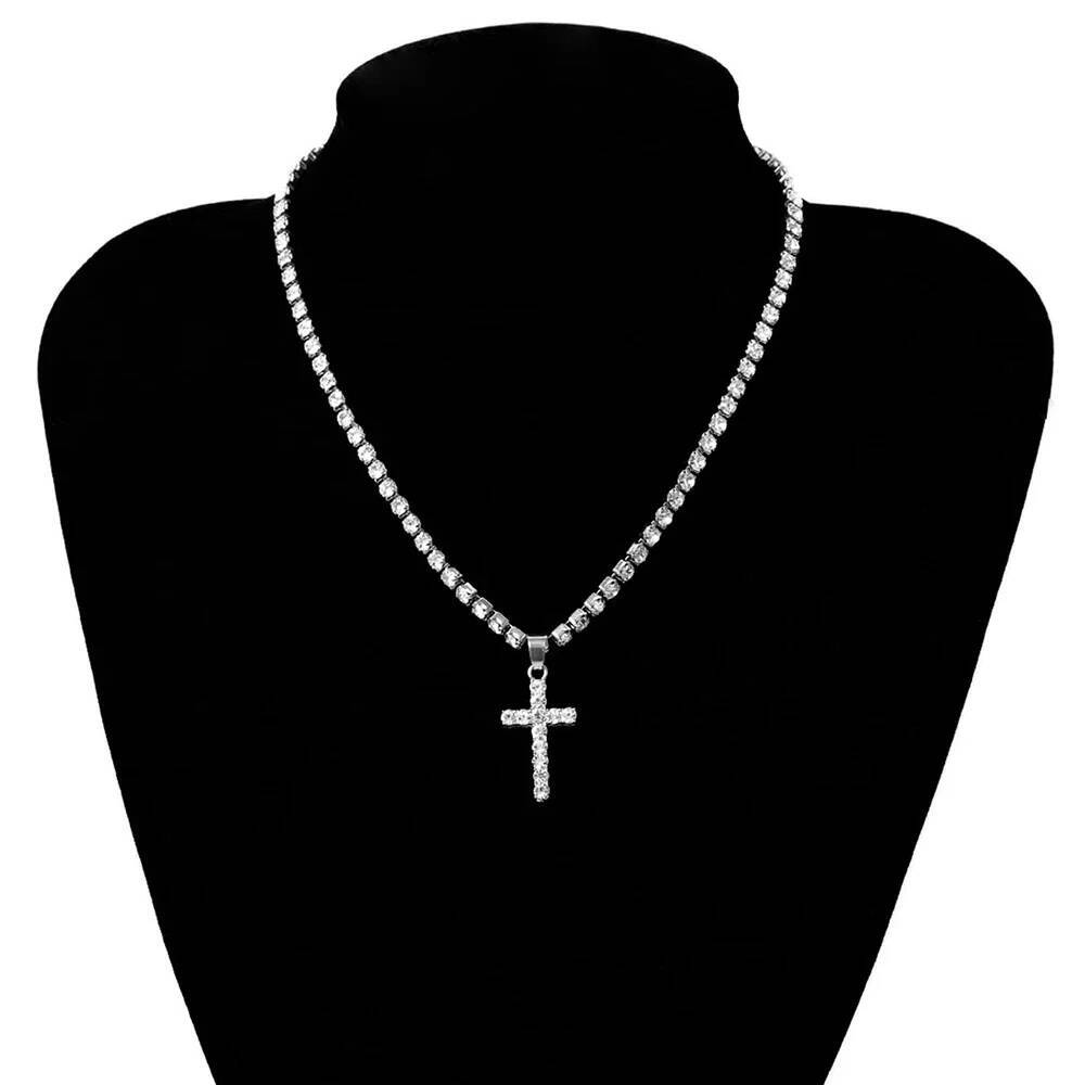 3mm Full Moissanite Tennis Necklace with Cross Pendant 925 Sterling Silver Plated 18k Gold HipHop Punk Necklaces for Women Men