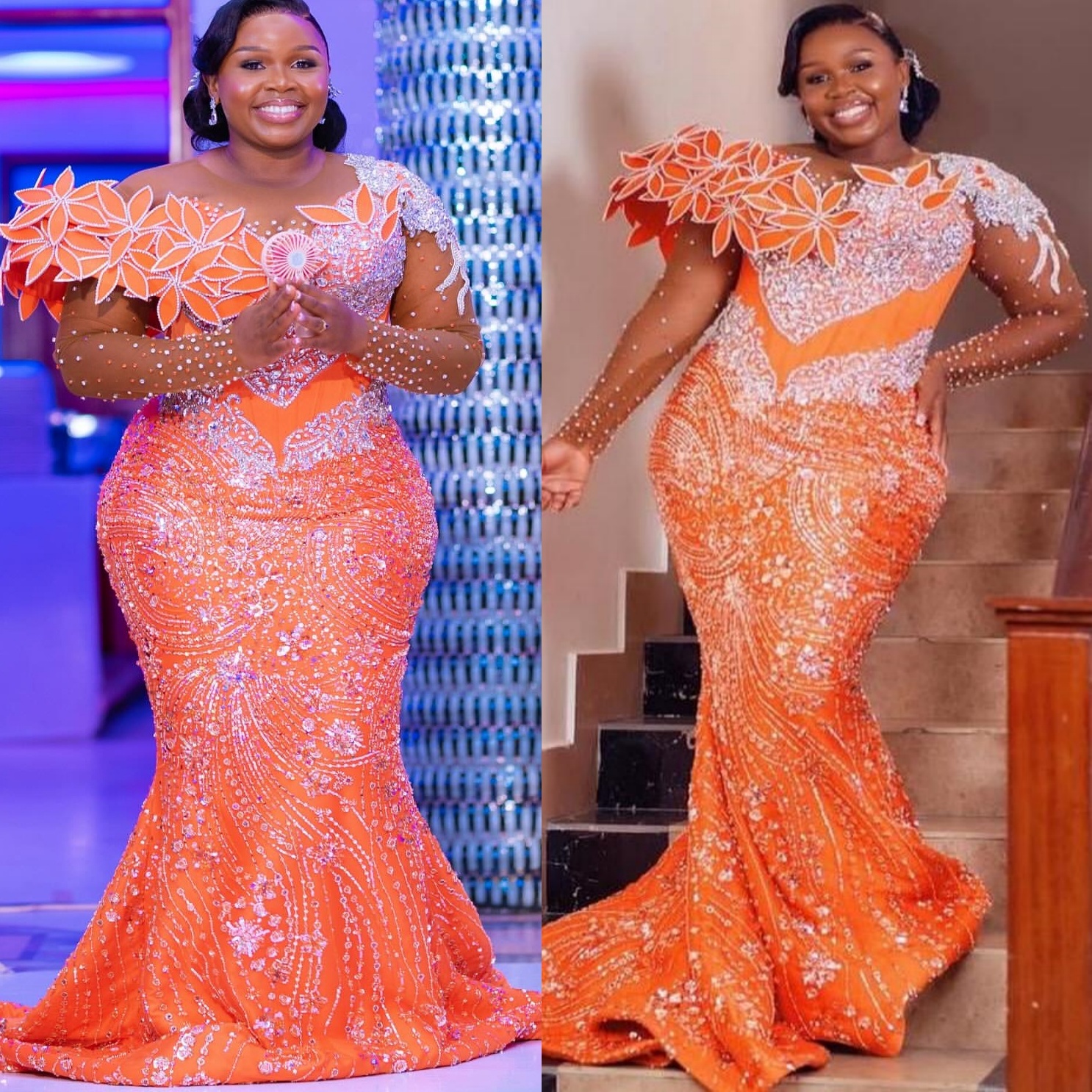 Aso Ebi Mermaid Orange Prom Dresses 2025 Flowers Crystals Lace Sparkly Evening Formal Party Second Birthday Engagement Gowns Plus Size Dress For Speci