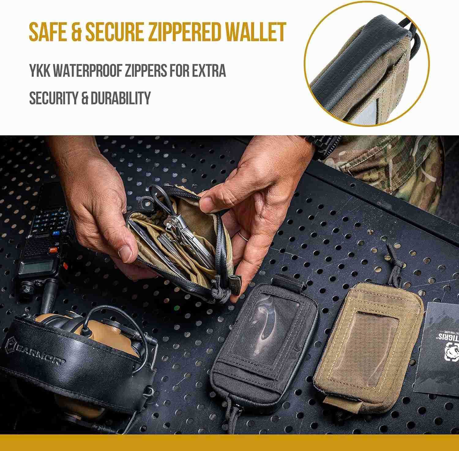 Front Pocket Wallet with Zippers Small Coin Purse Tactical Wallet Nylon Minimalist Wallet for Men Women BrownZ250911