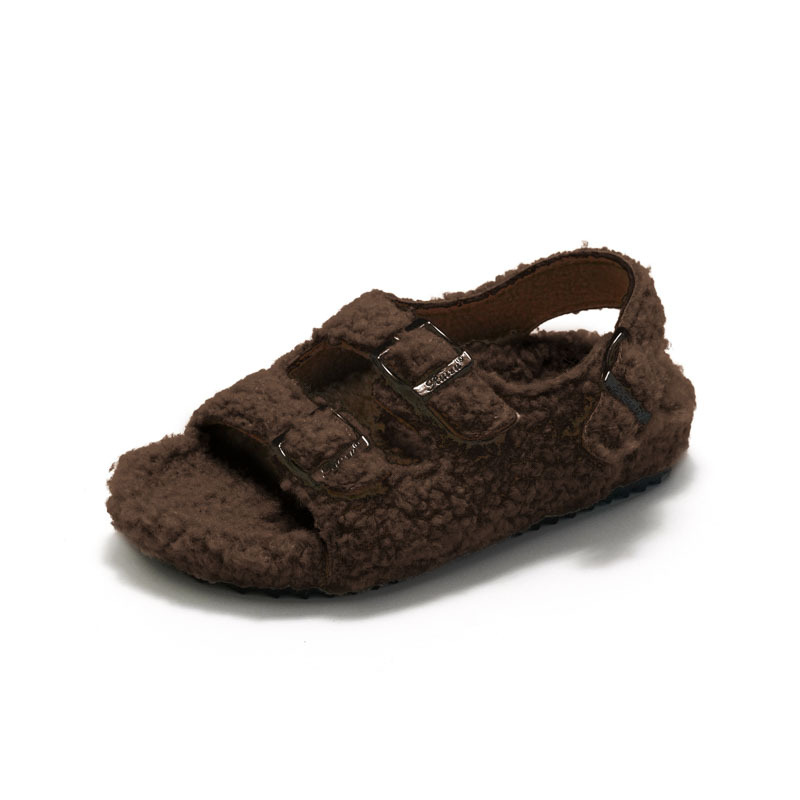 2025 Autumn Winter New Furry Kids Cork Sandals Fashion Warm and Comfortable Boys Girls Buckle Closure Sandals