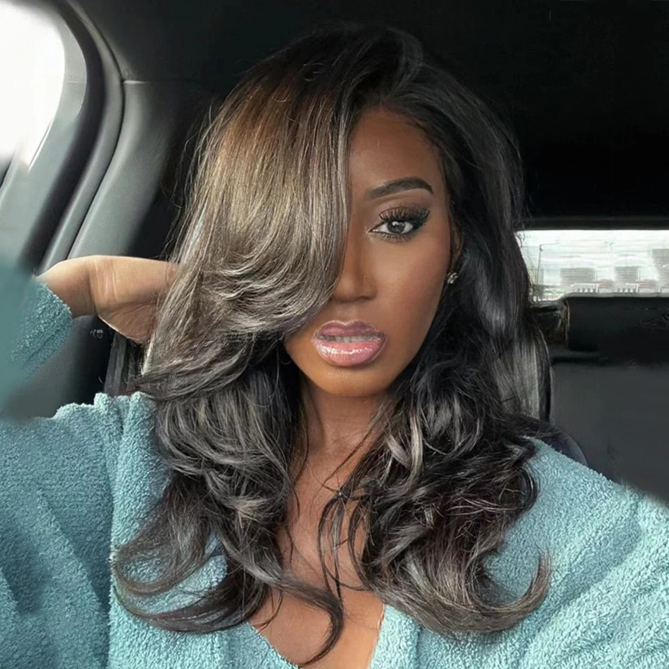 Grey Black Wave Wigs Highlight Human Hair Body Wavy Wigs Gray High Density13x4 Lace Frontal Wig for Women Pre-Cut Glueless Grey Salt and Pepper