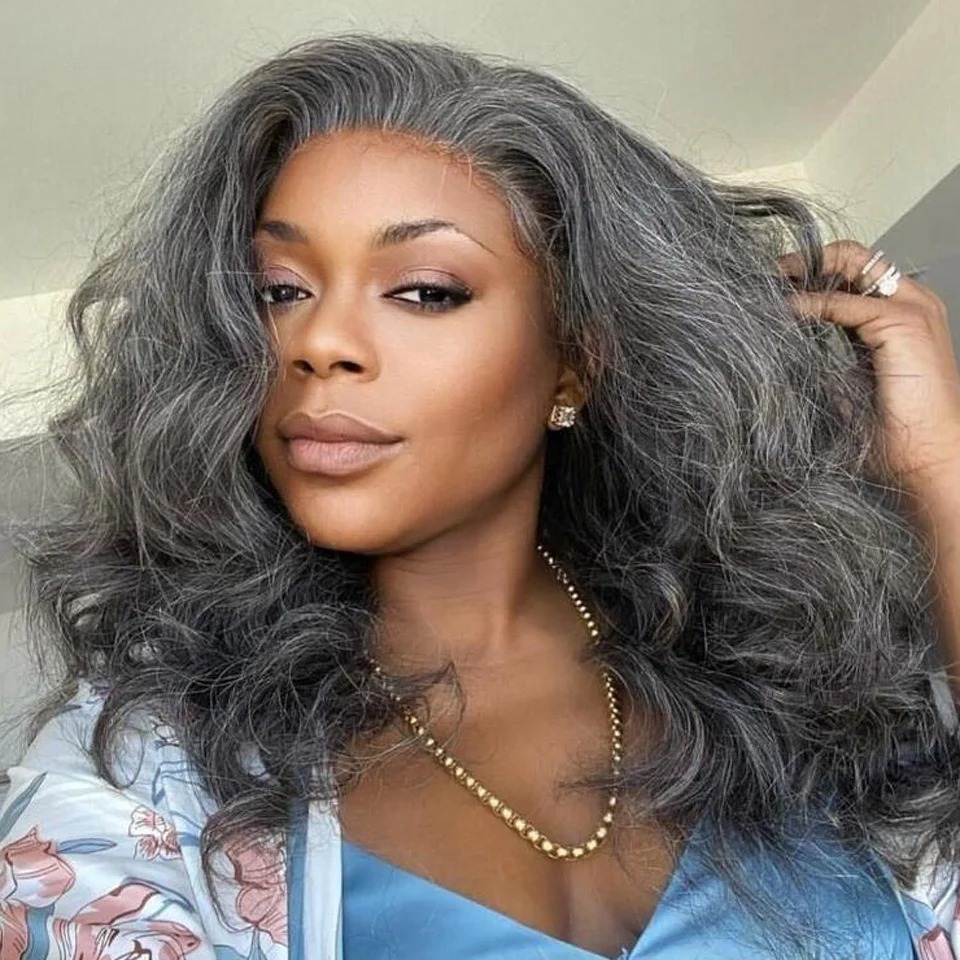Grey Black Wave Wigs Highlight Human Hair Body Wavy Wigs Gray High Density13x4 Lace Frontal Wig for Women Pre-Cut Glueless Grey Salt and Pepper