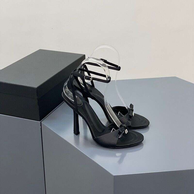2023 New Summer Bow Satin High Heels Women's Rhinrhinel Lettered Open Toe Slippers Pink