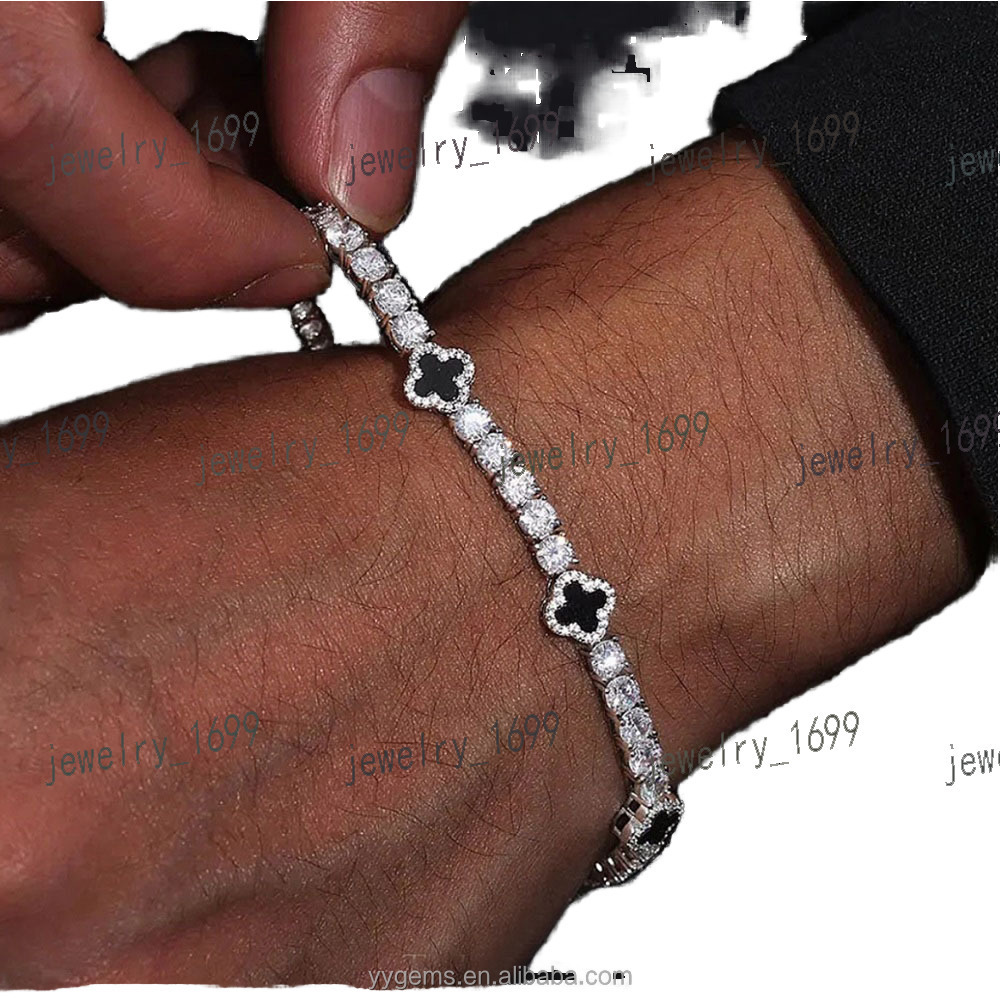 Fashion S925 Silver Tennis Bracelet 345mm Mossanite Natural Black Agate Onyx Clover Tennis Chain Gold Sterling Silver Jewelry
