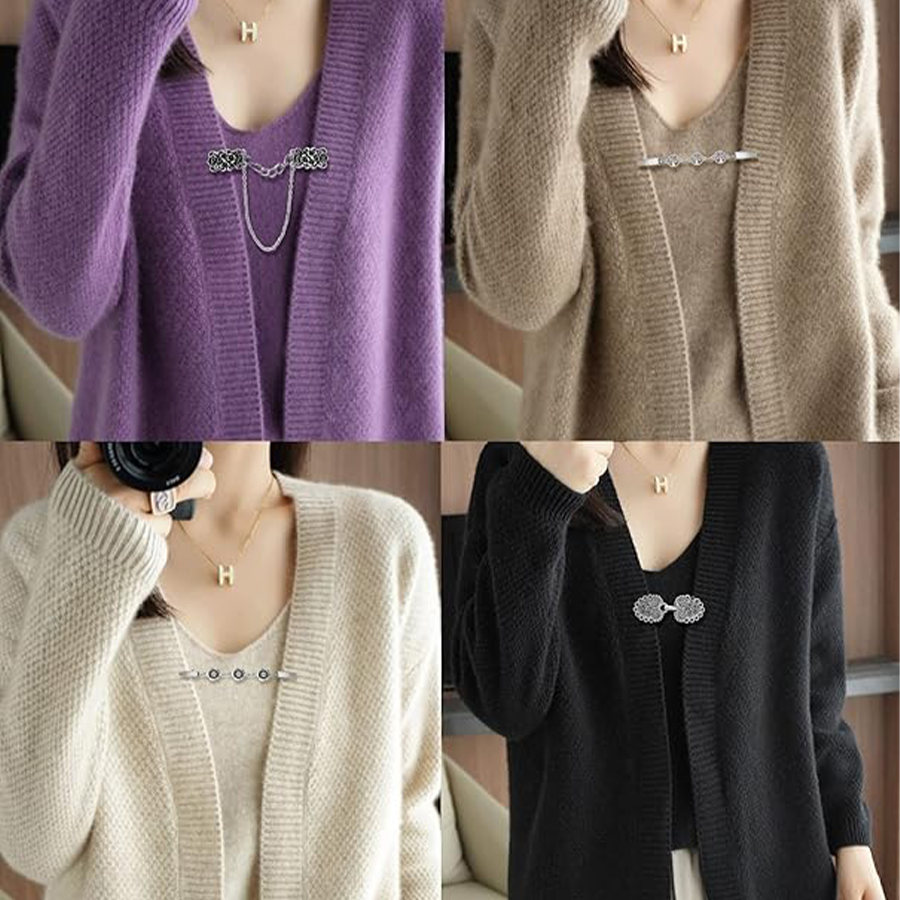 12pcs Vintage Sweater Shawl Clips Retro Cardigan Collar Shirt Waist Dresses Chain Clip Antique Flowers Pattern Brooch Pins for Women