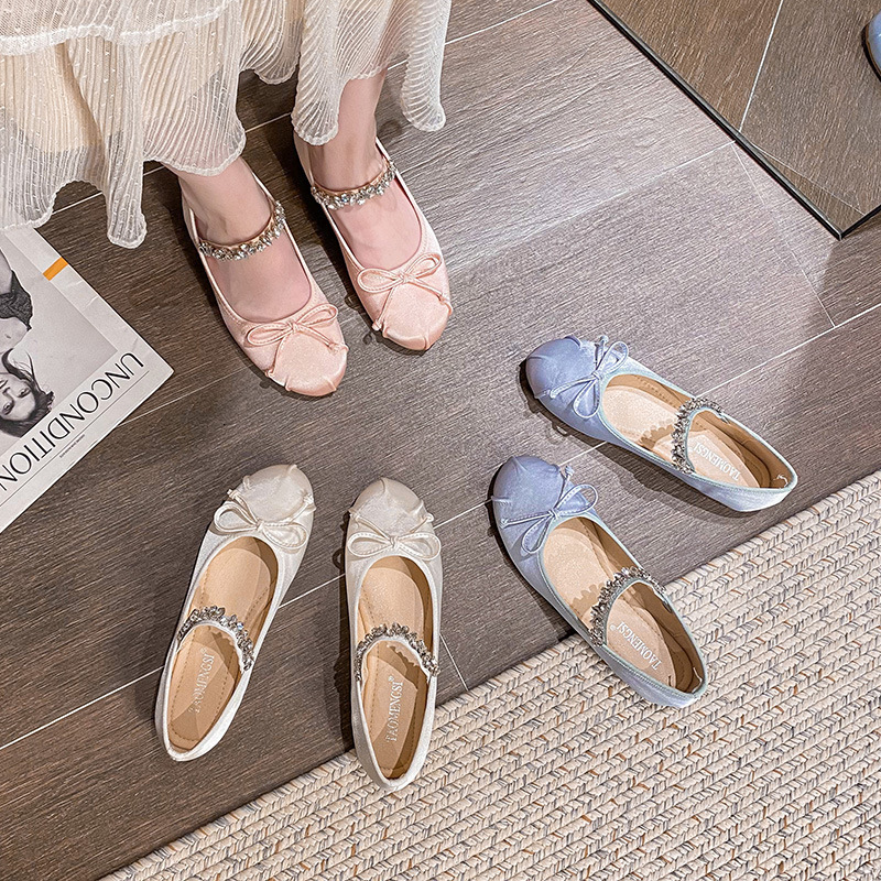 Designer Luxury Simple Women's Dance Versatile Round-toed Full-bag Flat Ballet Shoes Are Soft And Comfortable Diamond-encrusted Straps Bow Decora