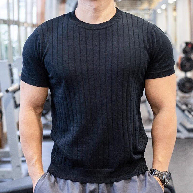 Summer Knitted Striped Short Sleeved T-shirt Men's Sports Fitness Base Shirt Versatile Loose Round Neck Casual Business T-shirt