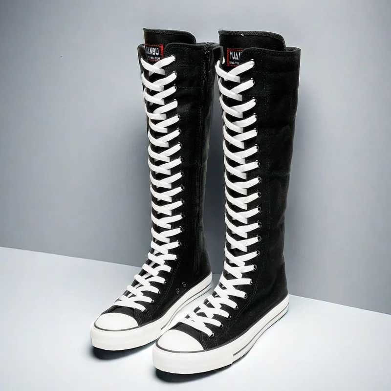 Canvas Long Boots for Women High Top Women Canvas Shoes Lace Up Knee High Boots Flats Casual Vulcanized Shoes Sneakers Girls W250902