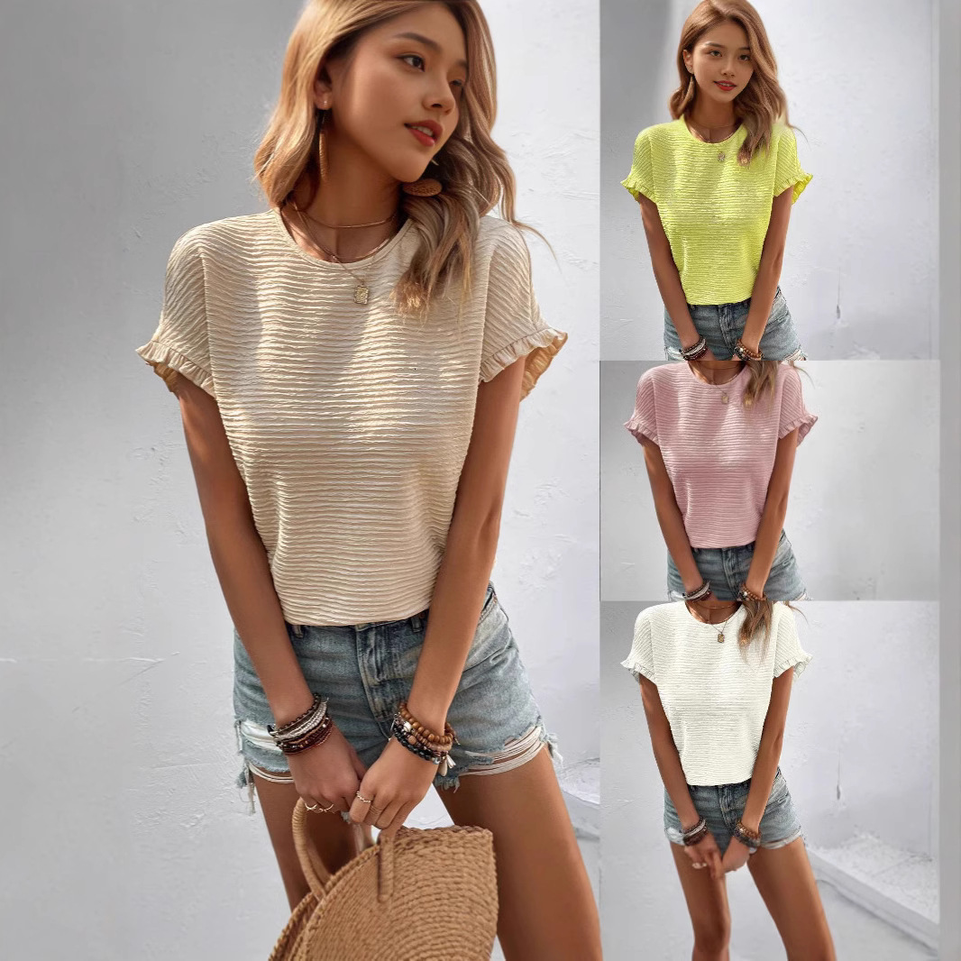 Womens Ruffle Decoration Tshirt Solid Color Flat Top Casual Spring Summer Short sleeved Dress 250407