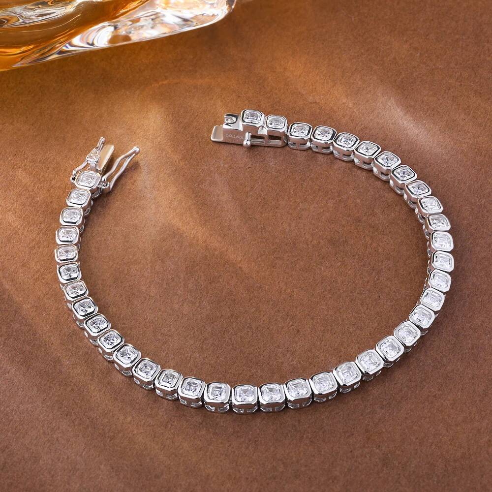 Bezel Set Asscher Cut All Moissanite Tennis Bracelets for Women 925 Sterling Silver Lab Diamond Bracelet Bangle with Certificate