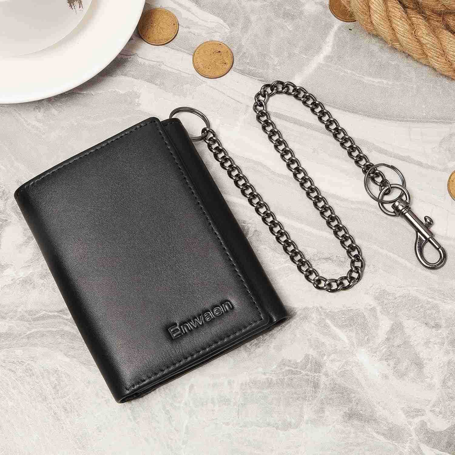 Mens Wallet with Chain Genuine Leather Trifold Wallet RFID Blocking AntiTheft Chain for Biker MotorcycleBlackZ250911