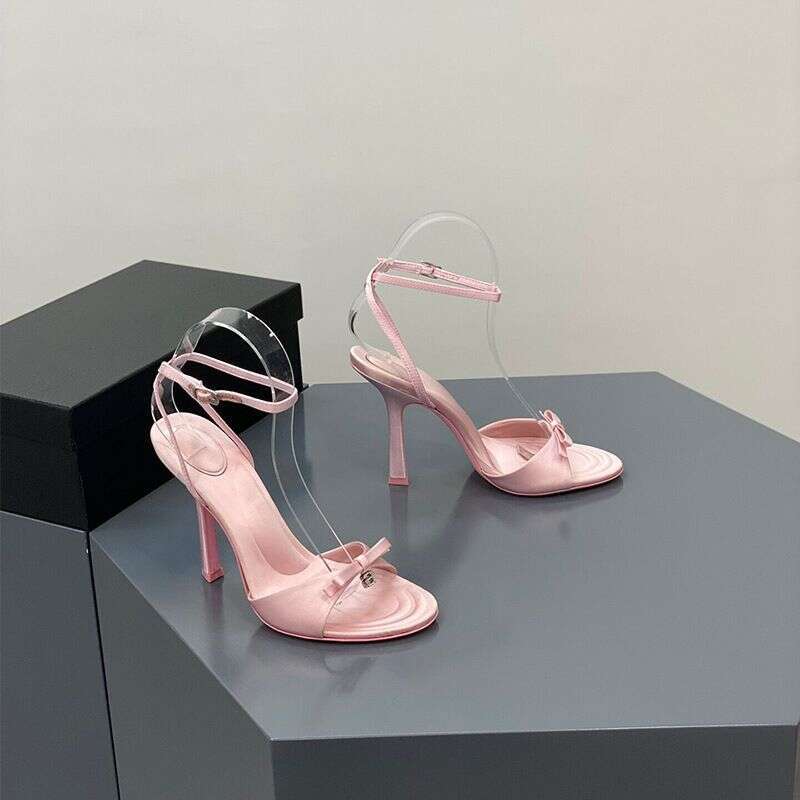 2023 New Summer Bow Satin High Heels Women's Rhinrhinel Lettered Open Toe Slippers Pink
