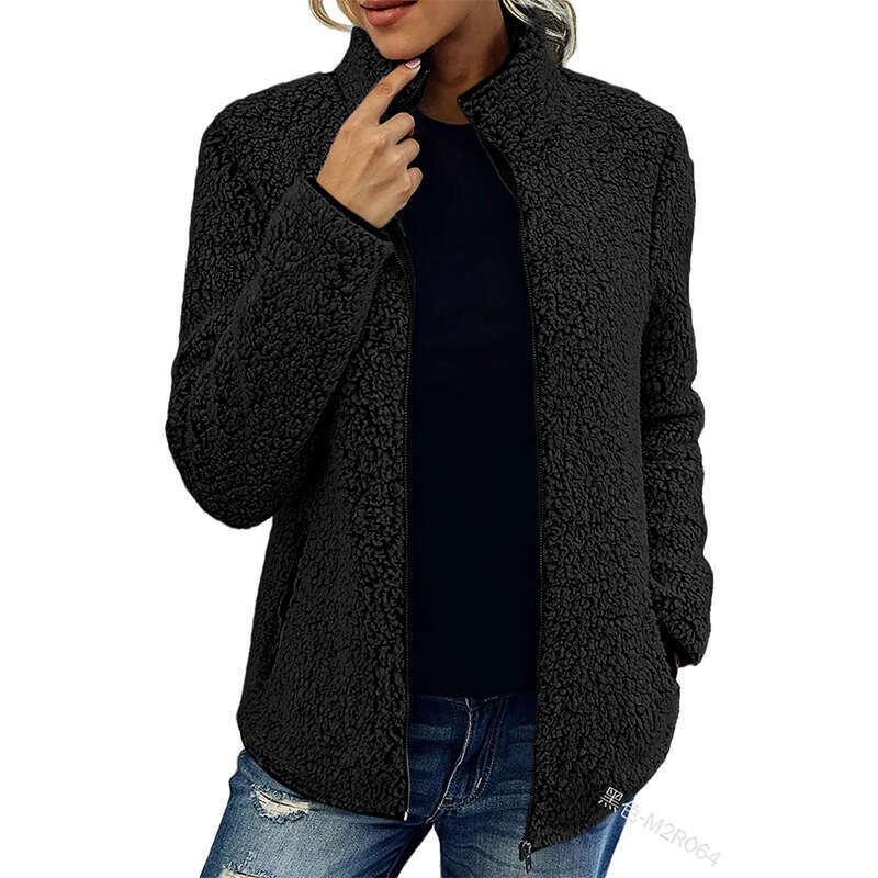 2025 Stand Collar Solid Color Sweatshirt Women's Casual Fashion Long Sleeve Zipper Bubble Fleece Jacket