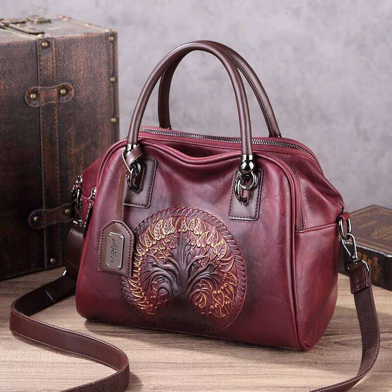 Vintage Leather Crossbody Women's Emed Handmade Tote Shoulder Bag Large Capacity Anti-Theft Purse