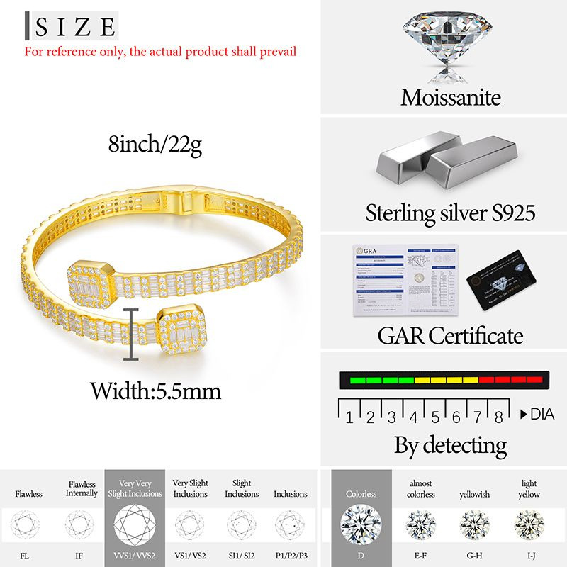 Pass Dia Tester 16.15ct 5.5mm Sterg Sier Baguette VVS Moissanite Iced Out Cuff Bangle Bracelet For Men Women