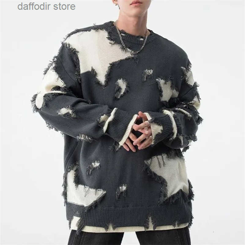 Mens Autumn Winter Y2k Hole Distressed TwoPiece Sweater Essential Oversize Loose Trendy High Strt Retro Knitted Sweater 240927 S250902