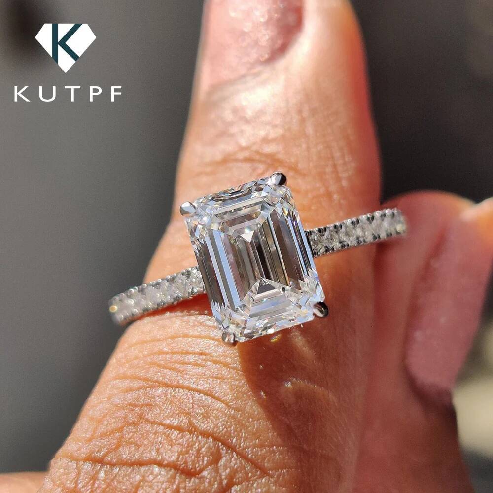 1234carat Emerald Cut Full Moissanite Engagement Ring Hidden Halo Diamond Ring with GRA 925 Silver Wedding Band for Women