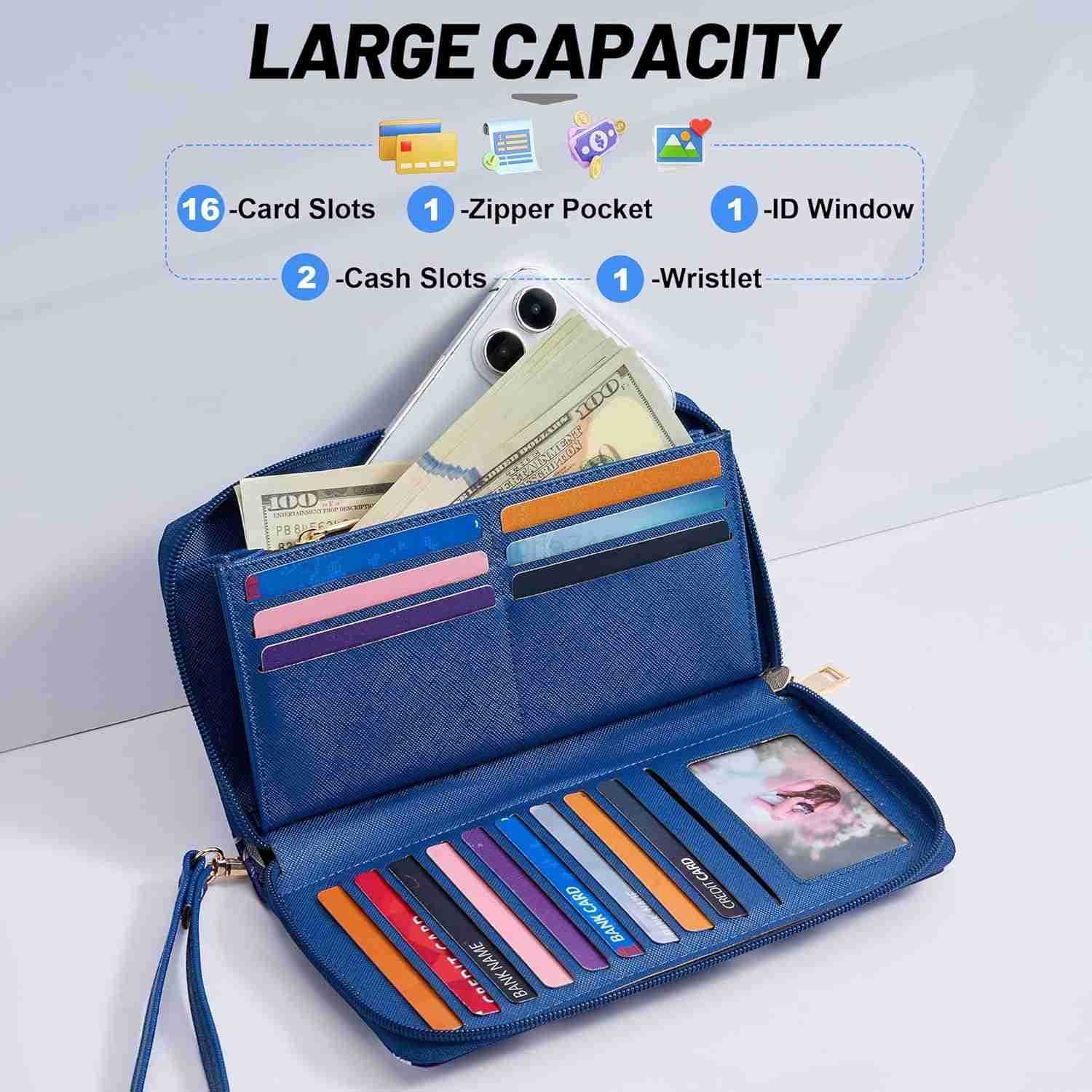 Womens Vegan Leather Clutch Wallet with Zip Hand Strap Large CapacityZ250910