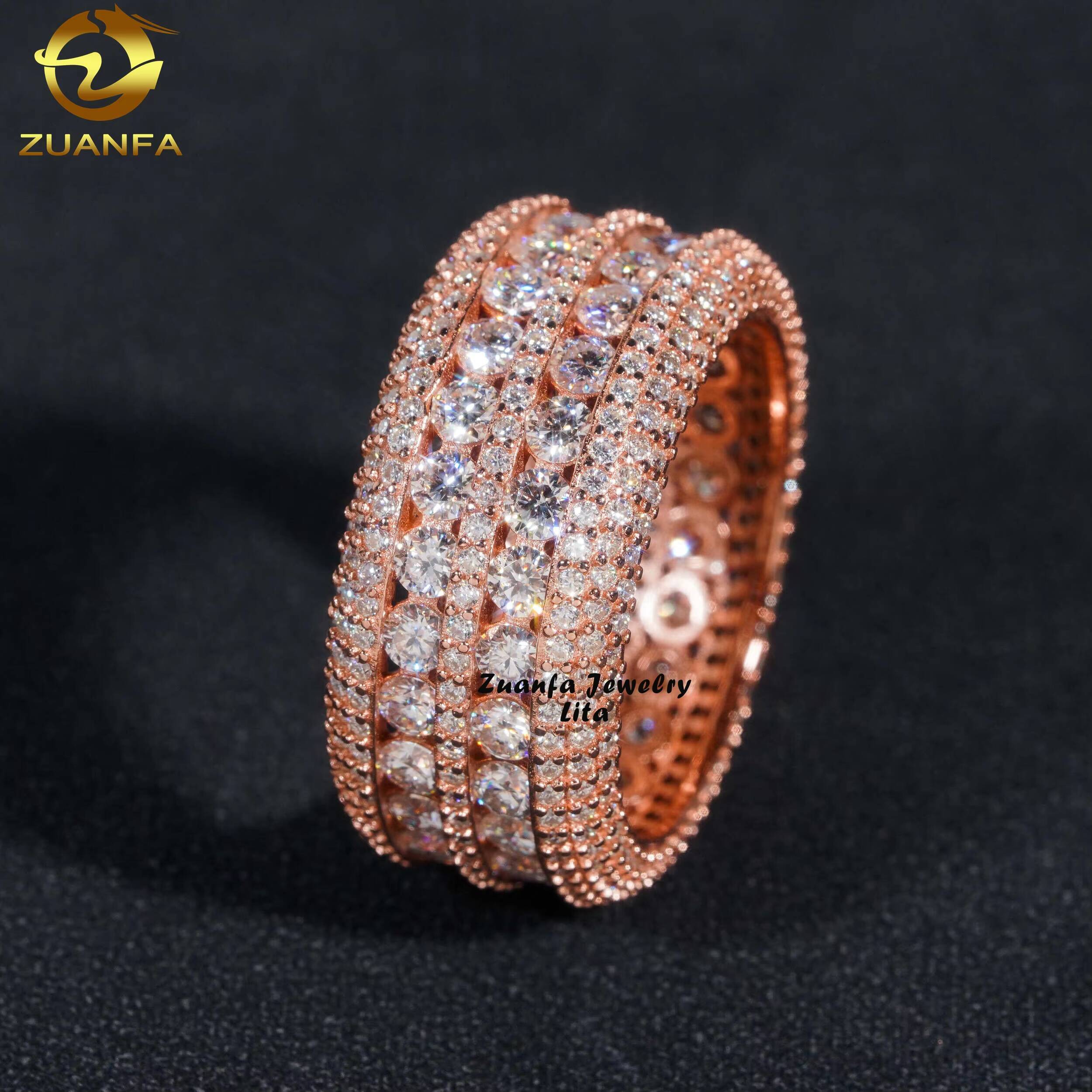 Custom Made Rose Gold Men Hip Hop 925 Sterling Silver Iced Out Moissanite Eternity Ring