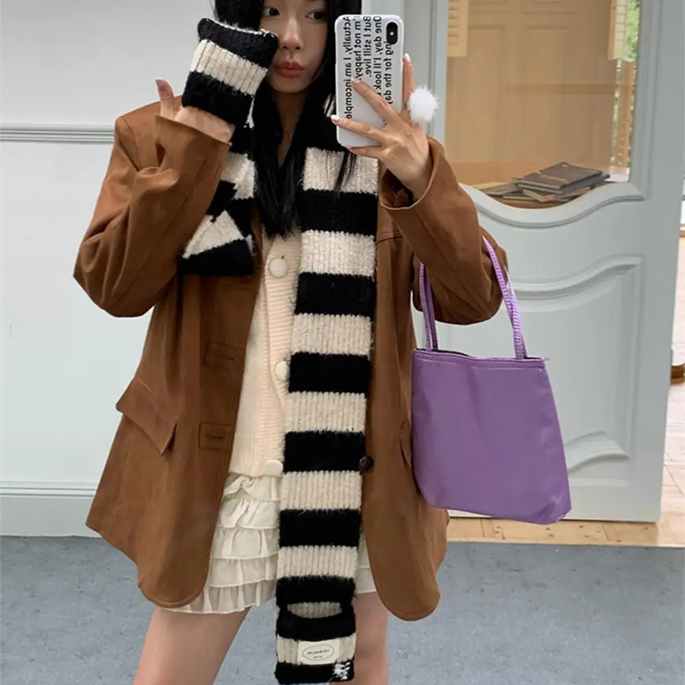 Red Stripe Soft Wool Knitted Scarf Women Winter Korean Thick Warm Fashion Y2K Harajuku Shawl Christmas Year Gift 250901