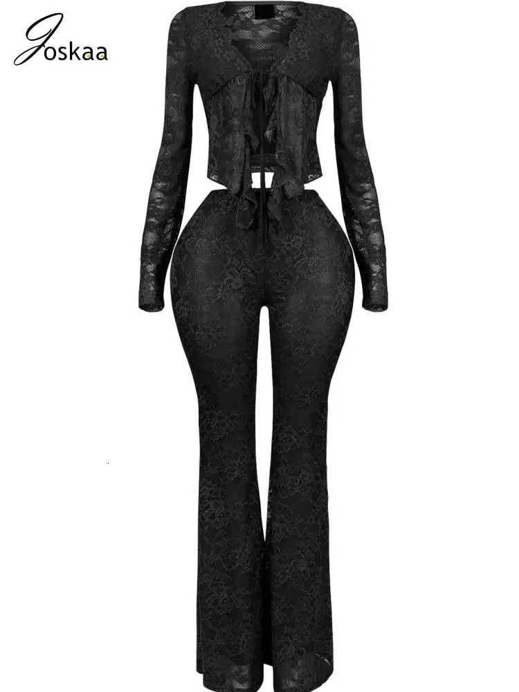 Joskaa Lace Jacquard 2 Piece Sets Women Sexy LaceUp Full Sleeve Cardigan Tops and Flared Pants Matching Midnight Clubwear 250902