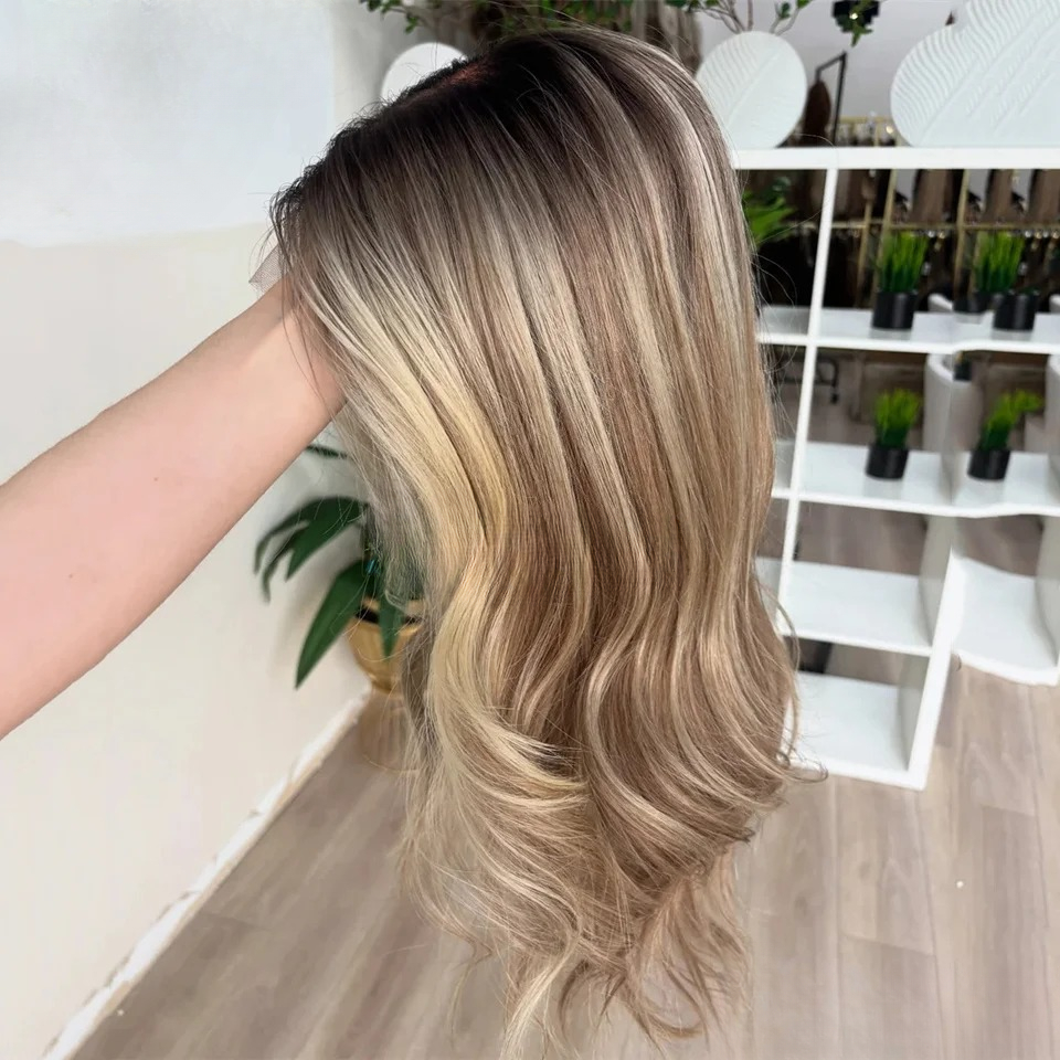 Dark Brown Rooted Color Balayaga Highlight High Density Body Wave Human Hair Wigs 13x6 HD Lace Wigs 360 Full Lace Wigs Pre Plucked