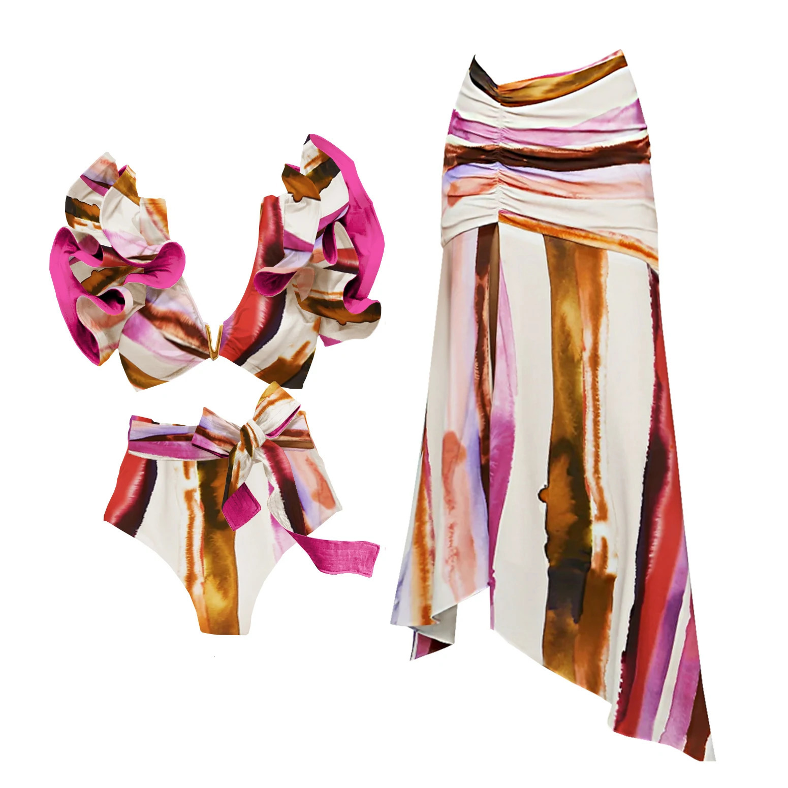 2Pcs Striped Swimsuit With Long Skirt Sexy Women Bikini Push Up Swimwear Halter Biquini Female Bathing Suit Slimming Beachwear 250901