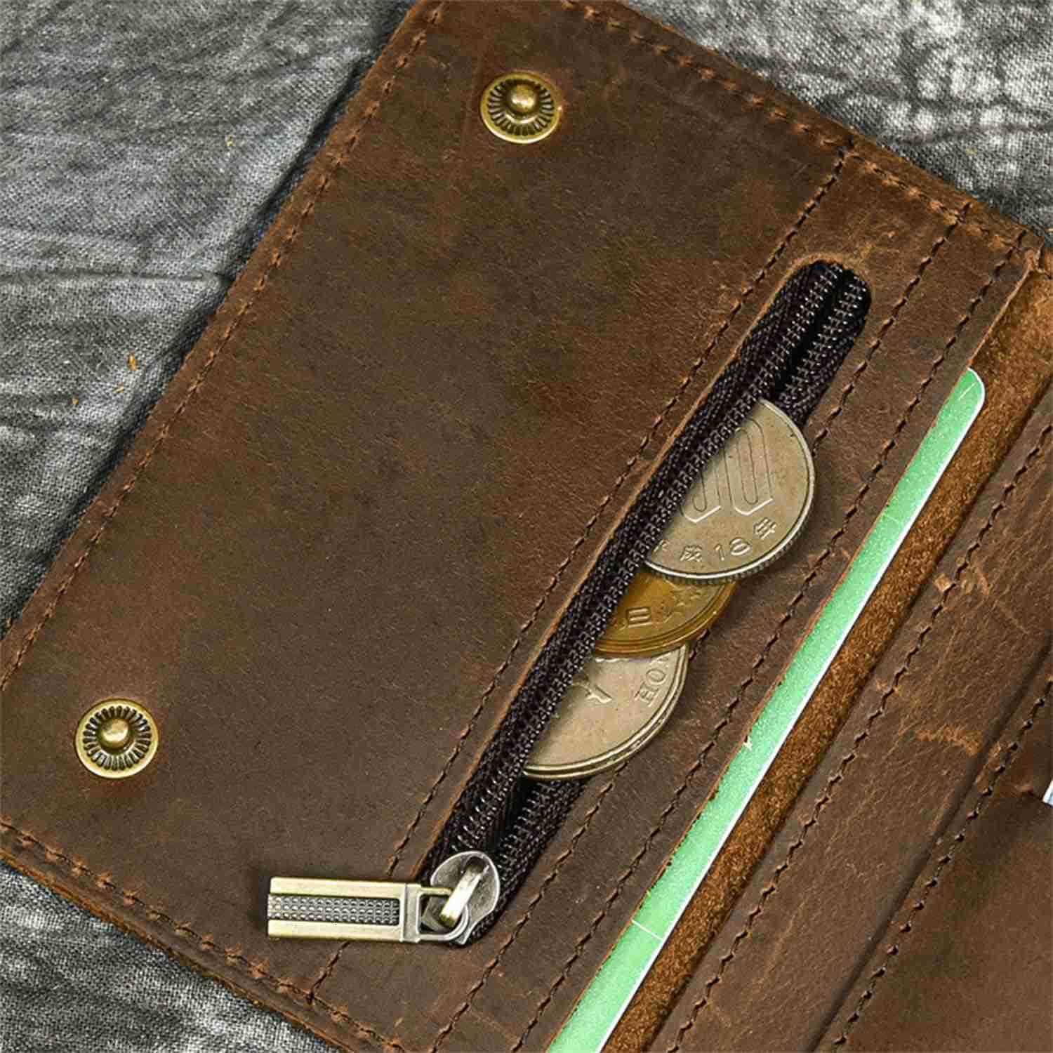 Mens Trifold Vintage Biker Cowhide Top Grain Leather Steel Chain Wallet Chain Wallets for Men Cow Leather Wallet Snap ClosureZ250911