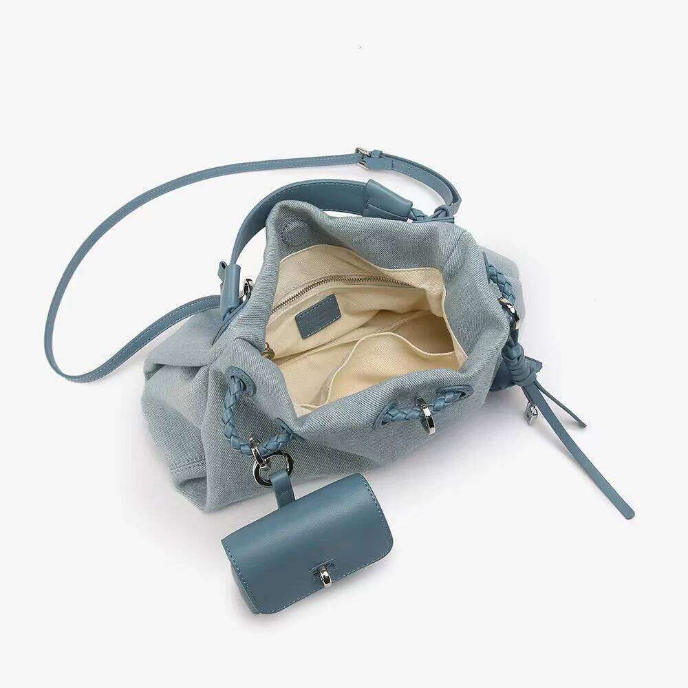 2025 Large Capacity Denim Tote For Women - Genuine Leather Handle Hobo Shoulder Bag With Multiple Pockets, Blue Jean Drawstr