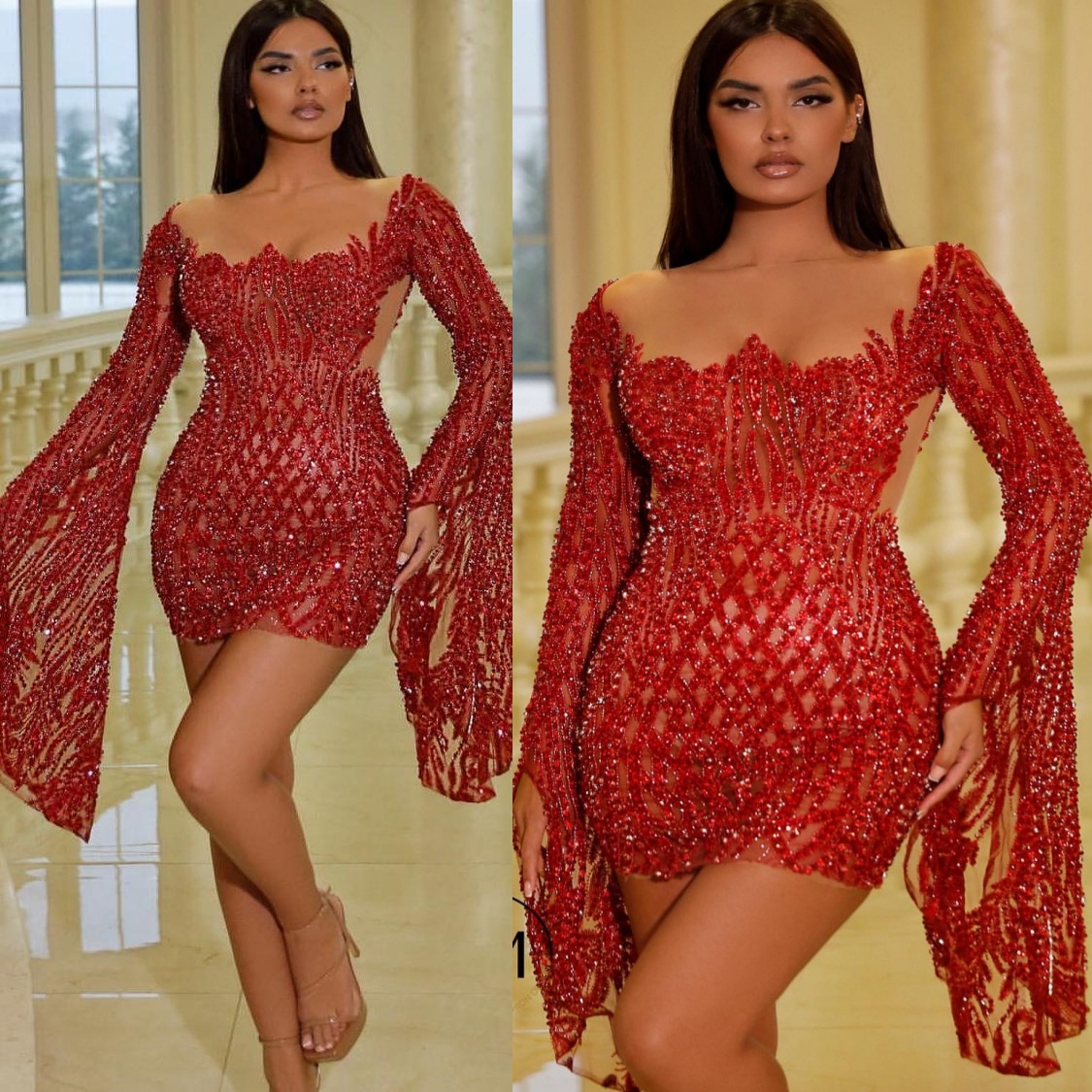 Chic Dark Red Sheath Cocktail Dress Full Sleeves Sheer Neck Sequined Short Mini Graduation Homecoming Dresses For Special Occasions Sweetheart Gowns