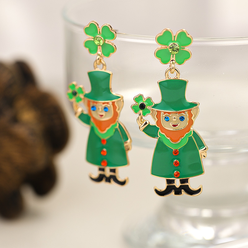 New Arrival Stylish and Versatile St Patrick Green Four leaf Clover Earrings Alloy Enamel filled and Diamond set Ideal for Irish Carnival