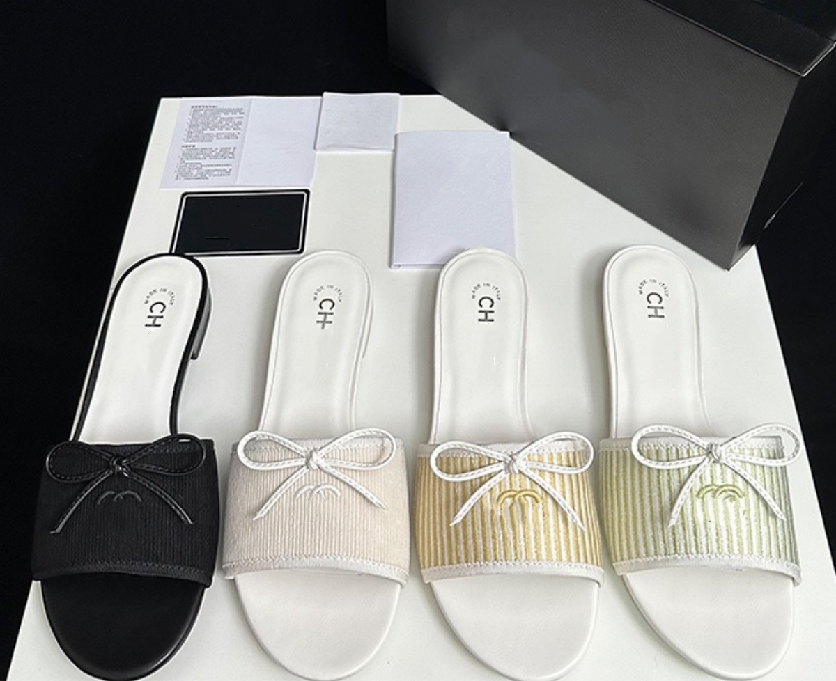 Paris Women Beach Slippers 2025 New Summer Fashion Luxury Designer Bow tie Flat Sandals Female Velvet Shoes cha Slide Bowtie