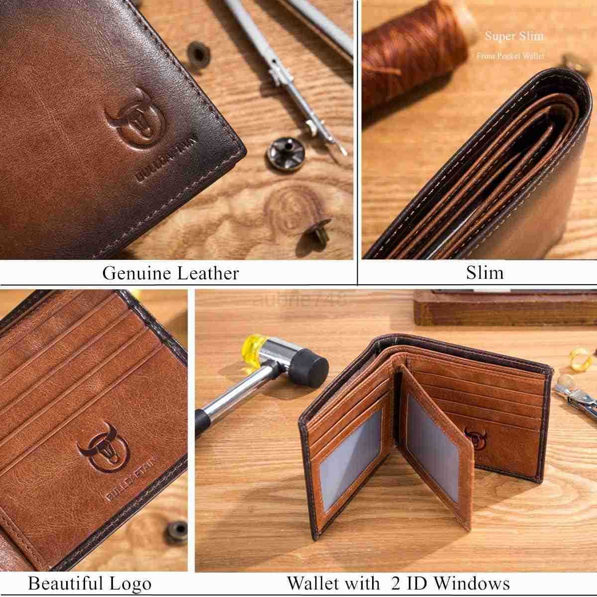 RFID Wallets for Men Slim Bifold Genuine Leather Front Pocket Wallet with 2 ID Windows QB05 BrownZ250911
