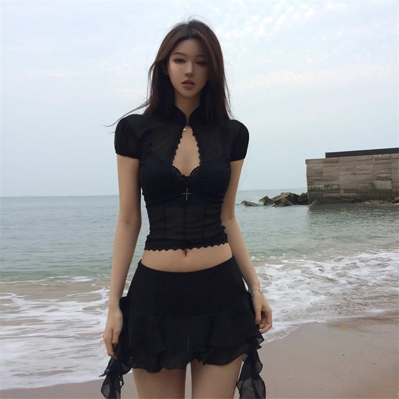 Tonngirls Y2k Fairycore Two Piece Set For Women Hollow Out Lace Mesh Shirt Irregular Mini Shirts Vintage Skirt Sets Japanese 250901