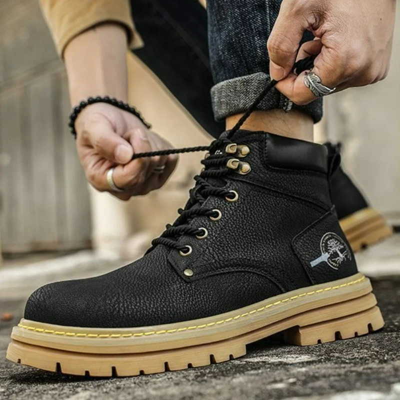 Men Ankle Boots Platform Leather 2025 Fashion Brown Laceup Boot High Top Comfortable Casual Shoes Nonslip Work y250902