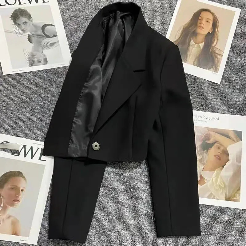 Xpqbb Black Cropped Blazers Woman Trend Allmatch Notched Collar Crop Jacket Women Korean Chic Single Button Suit Coat 250901