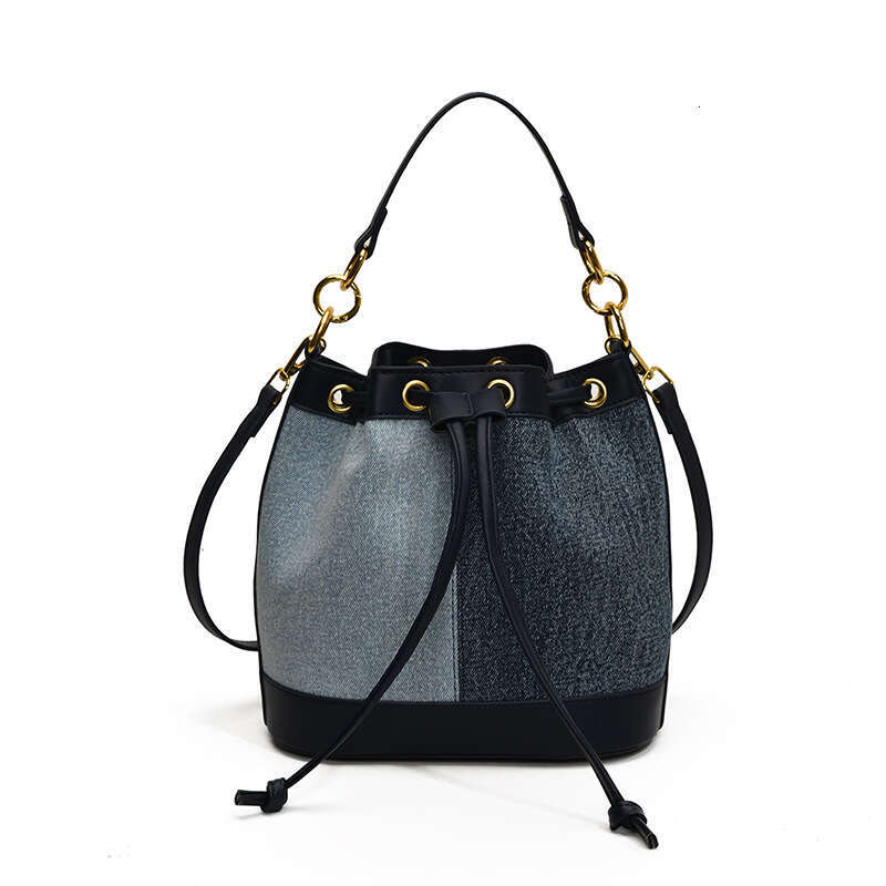 2025 Autumn Winter New Korean Version Niche Bucket for Women Trendy Color-Block Drawstring Handbag Fashionable Single Shoulder Crossbody Bag
