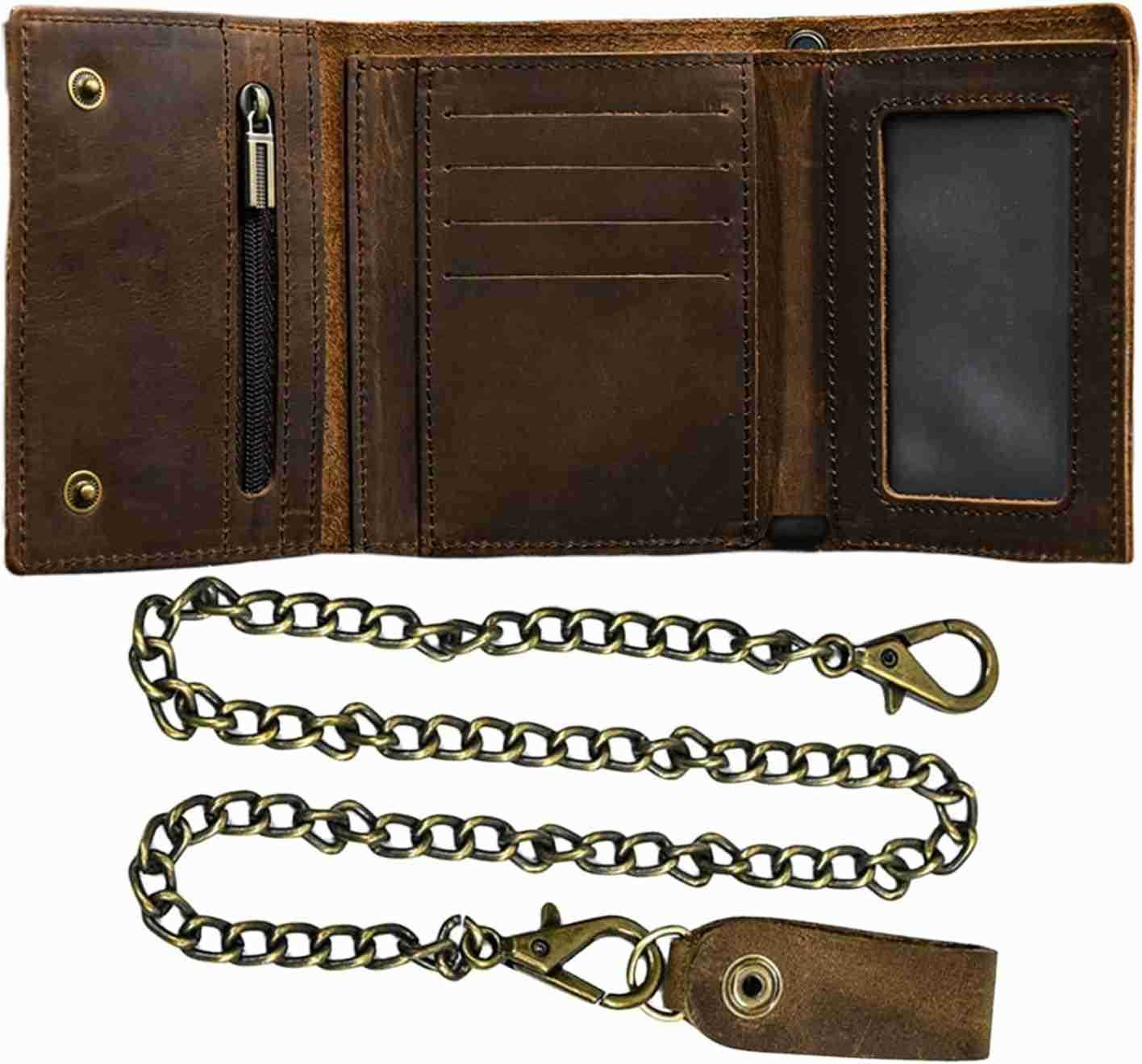 Mens Trifold Vintage Biker Cowhide Top Grain Leather Steel Chain Wallet Chain Wallets for Men Cow Leather Wallet Snap ClosureZ250911