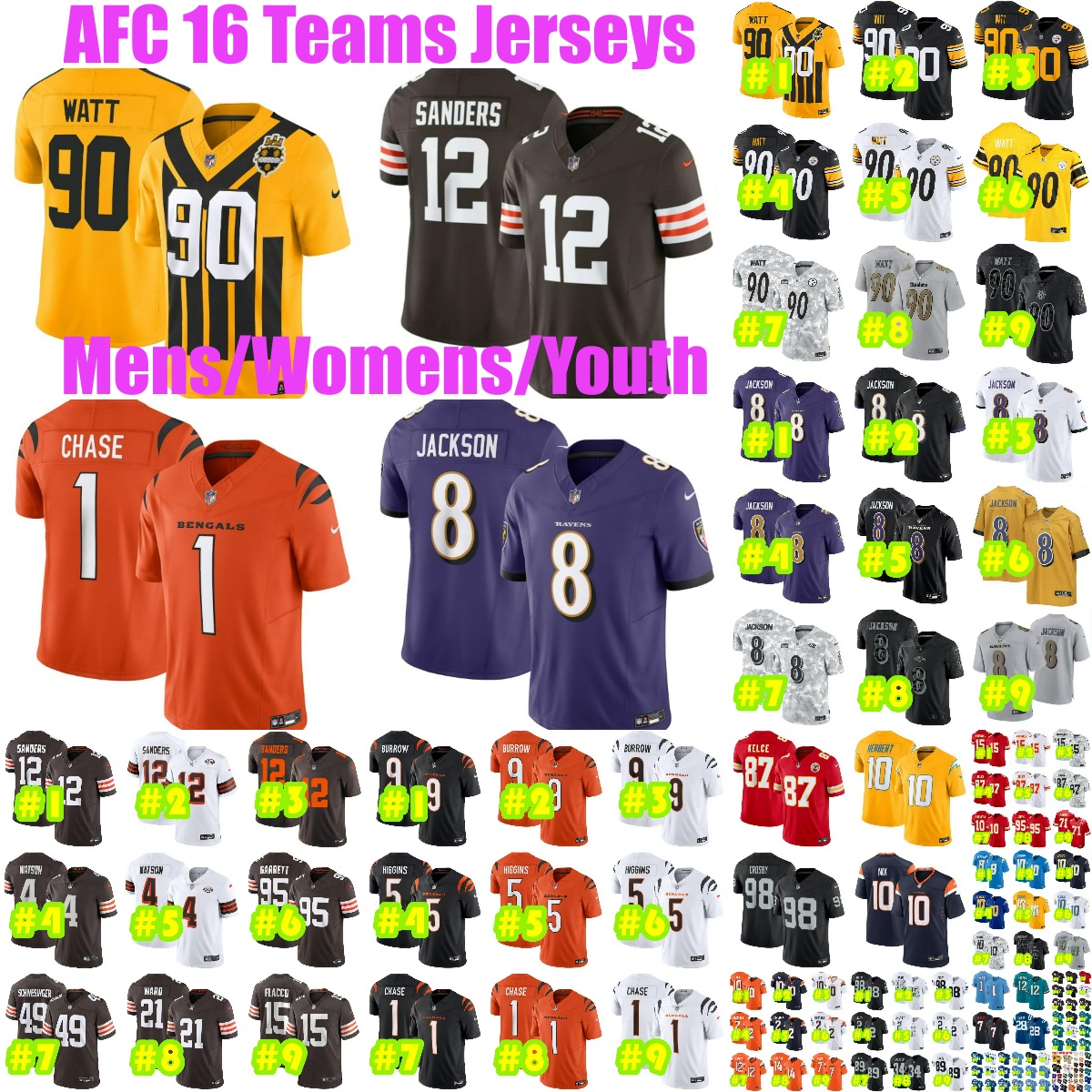 16AFCteams T.J. Watt Aaron Rodgers Football Jersey Derrick Henry Kyle Hamilton Ja'Marr Chase Tee Higgins Joe Burrow Shedeur Sanders Myles Garrett Mens Womens