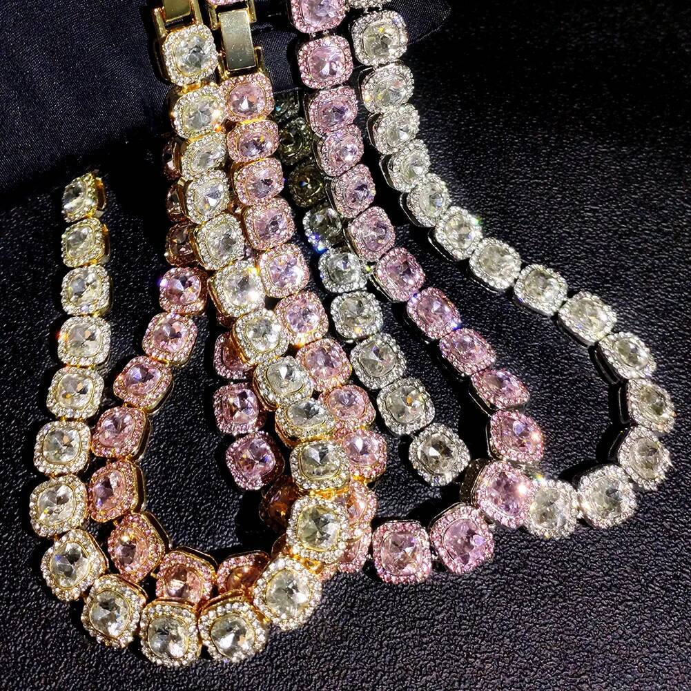 Men Women Bling 13mm Square Cuban Link Chain Necklace Iced Out Micro Pave Crystal Tennis Chain Choker Necklaces Fashion Jewelry