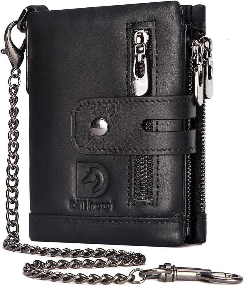 Mens Wallet with Chain Genuine Leather Purse RFID Blocking Bifold Double Zipper Coin Pocket with AntiTheft ChainZ250911