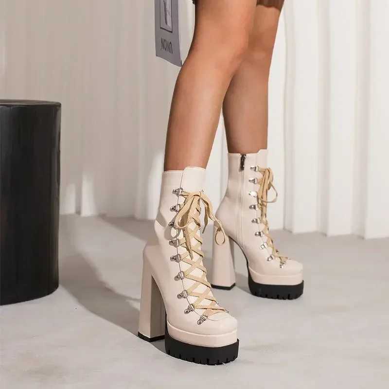 Modern Western Mature Punk Goth Female Winter Super Block High Heeled Shoes Square Toe Laceup Platform Heels Boots W250902