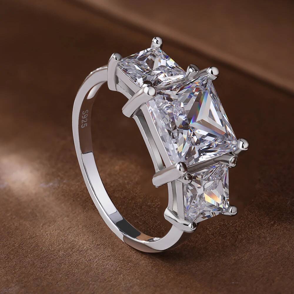 64Cttw Princess Cut Full Moissanite Engagement Ring with Certificates S925 Silver 3Stone Lab Diamond Wedding Rings for Women