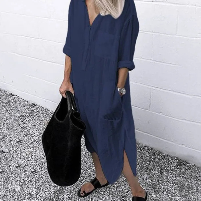 Vacation Beach Cover Up maxi Dress Women Cotton Linen Shirt Dress Summer long Sleeve Solid Button Casual Dresses Vintage Robes 250902