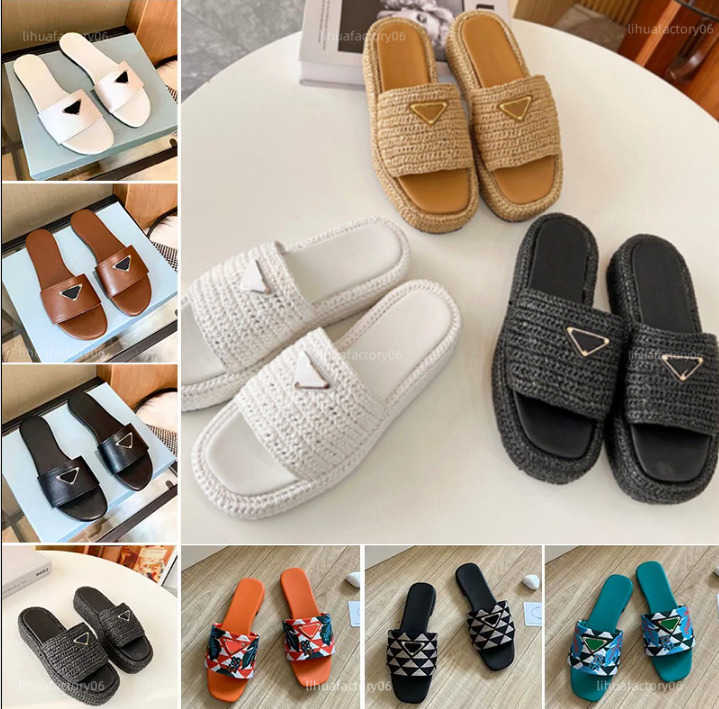 Slippers Women Sandals Designer Slippers Luxury Shoes Flat Slides Summer Genuine Leather Outdoor Loafers Bath Beachwear Slippers Straw Muffin Bottom Sliders